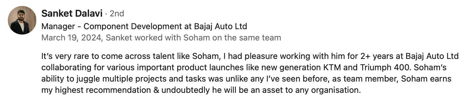 LinkedIn recommendation from Sanket Dalavi